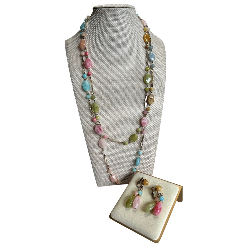 Pastel Moonglow Lucite 48" Necklace Clip Earrings Set Vintage 1960s Hong Kong
